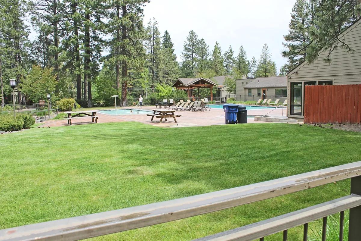 A vibrant outdoor pool surrounded by picnic tables, poolside loungers, and mature trees. The pool area is active, inviting for both swimming and social gatherings, while the trees provide natural shade and a scenic setting for summer relaxation.