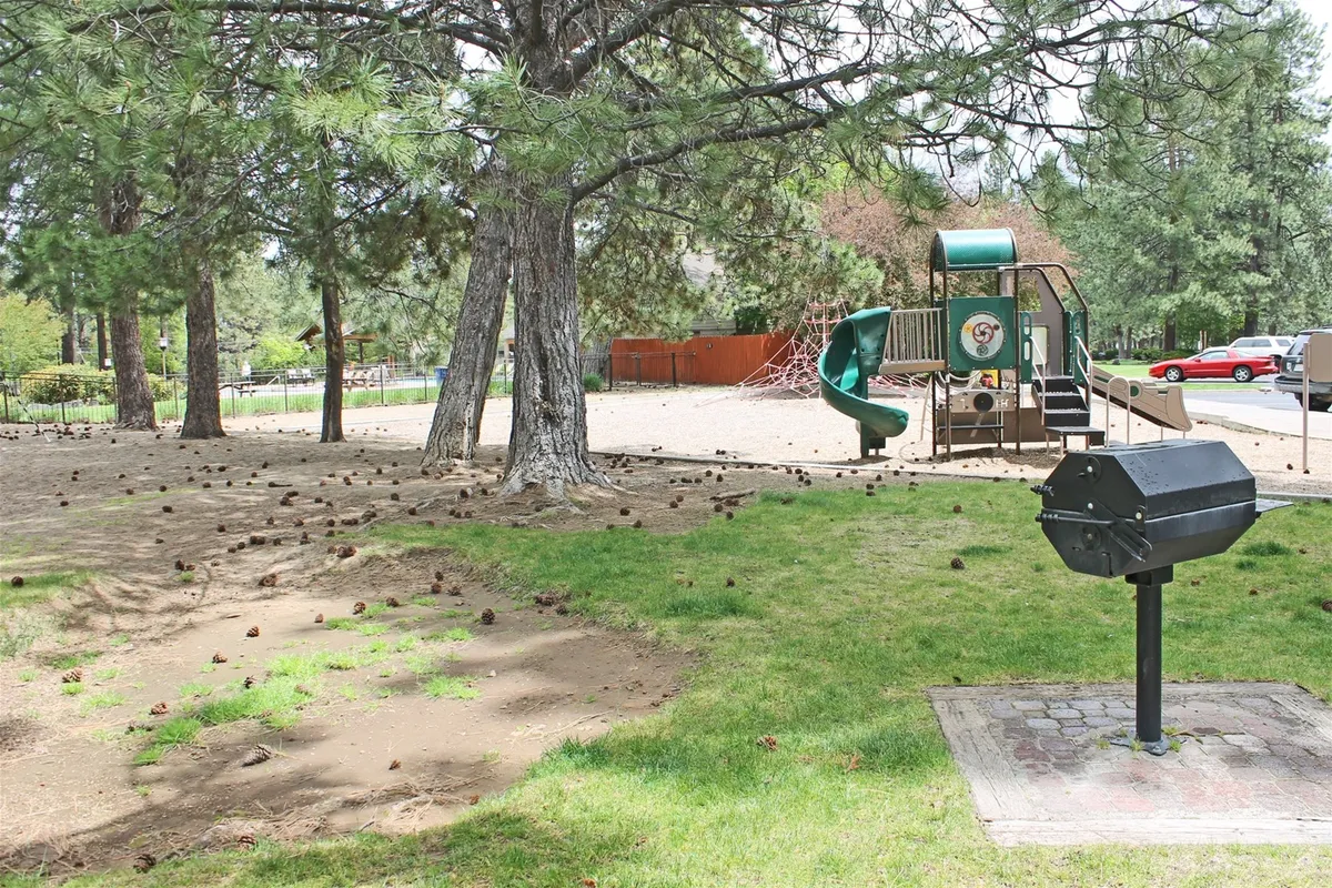 The photo features a lively playground set among large trees, with a grill nearby. Children are shown playing on the equipment, while adults can enjoy a barbecue or picnic in the shade, emphasizing a joyful and relaxed family environment.